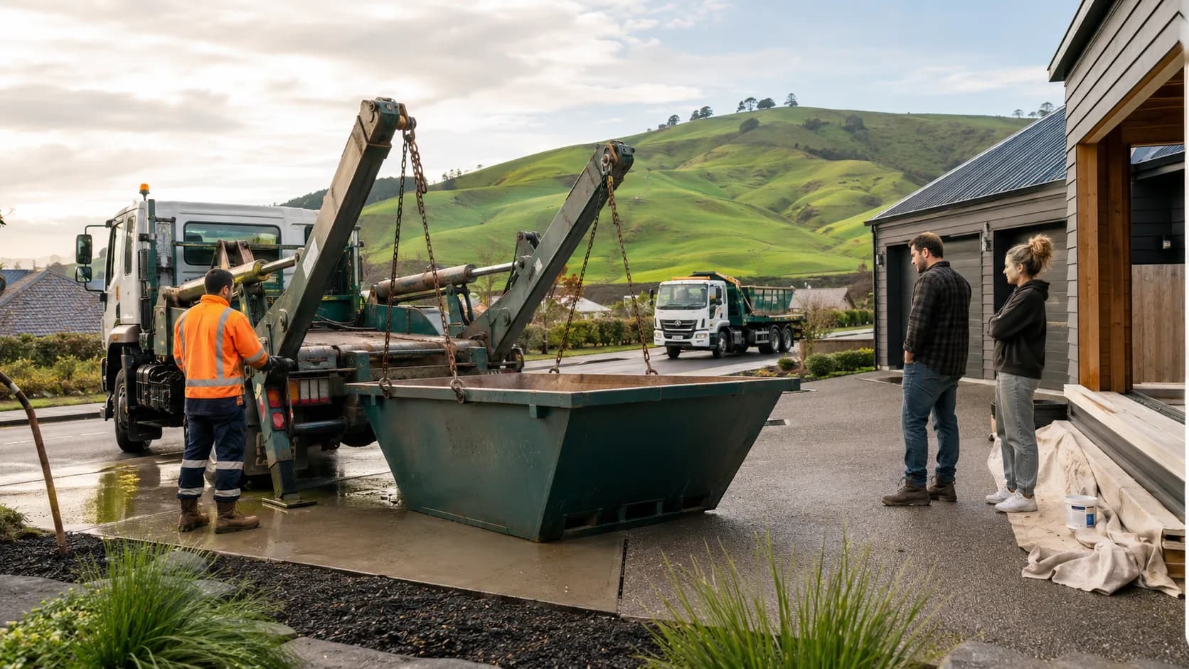 Customers collect booked skip bin size from an active New Zealand business