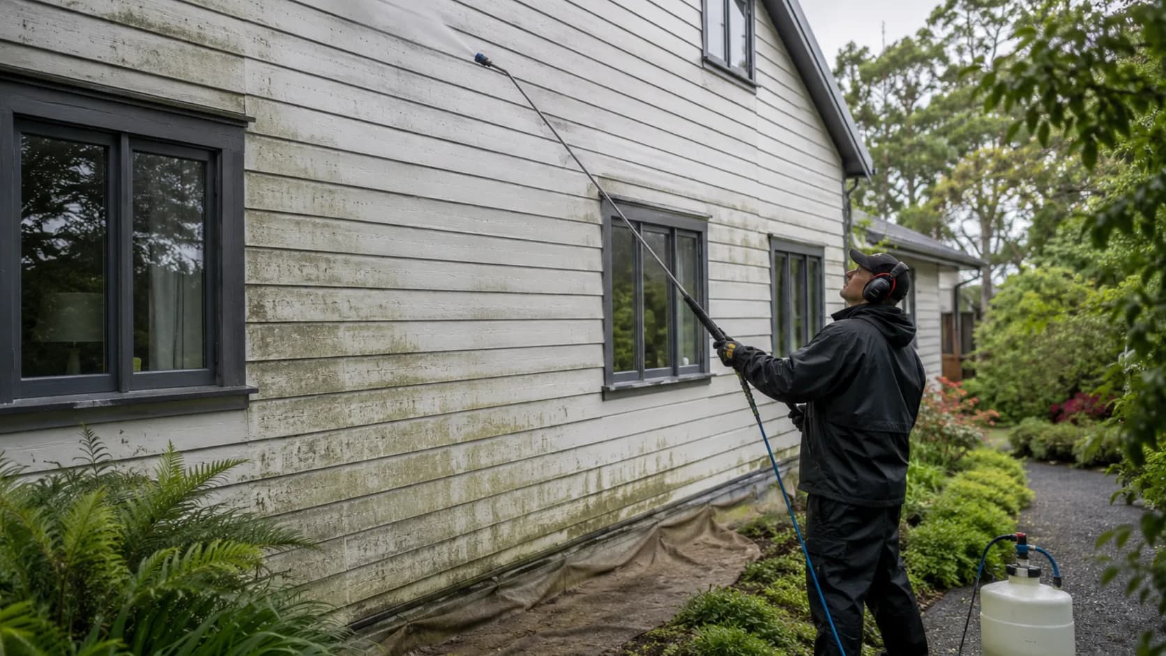A soft washing operator treating a house roof at low pressure in New Zealand