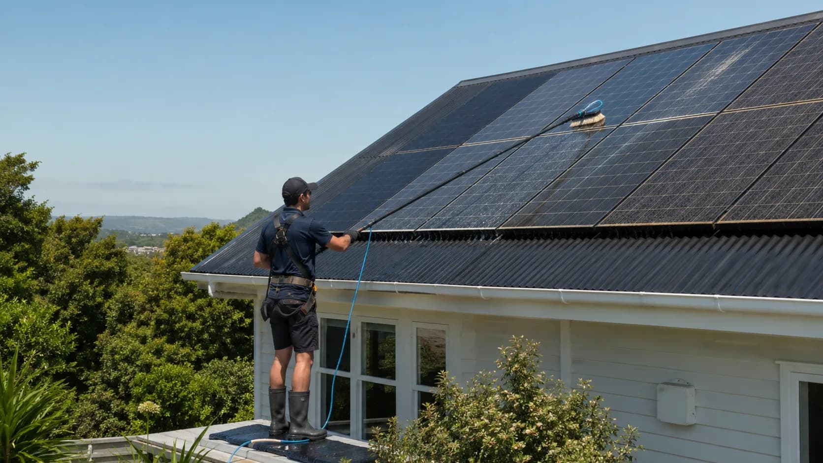 A cleaner washing a rooftop solar array in New Zealand