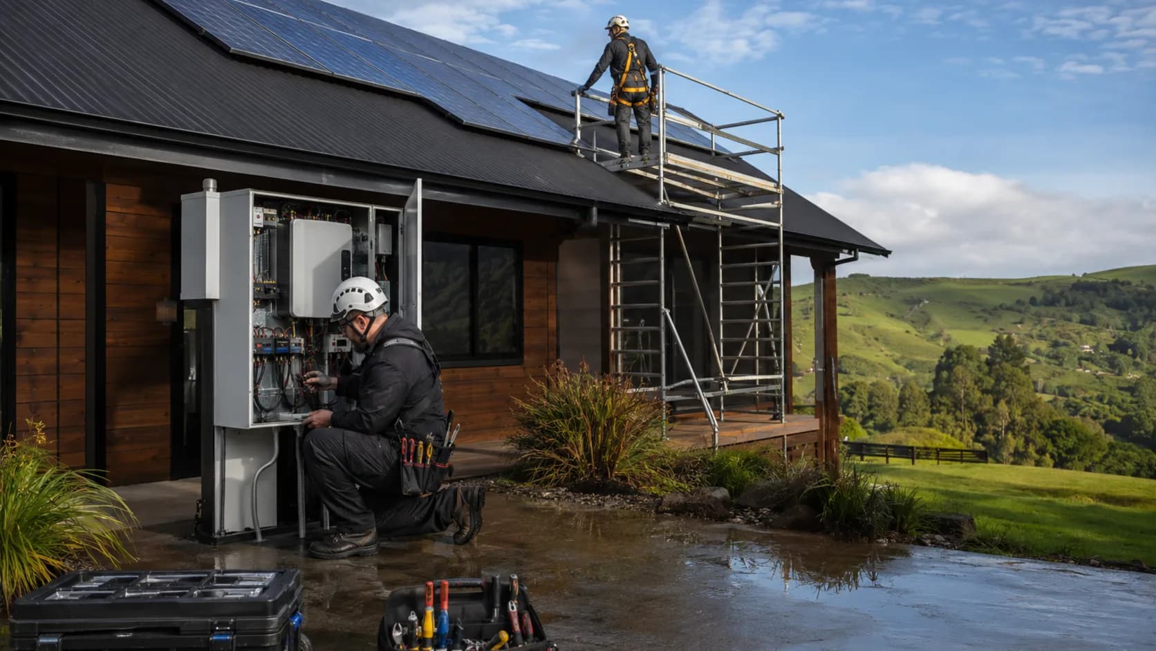 A solar technician checking an inverter mounted beside a garage in New Zealand