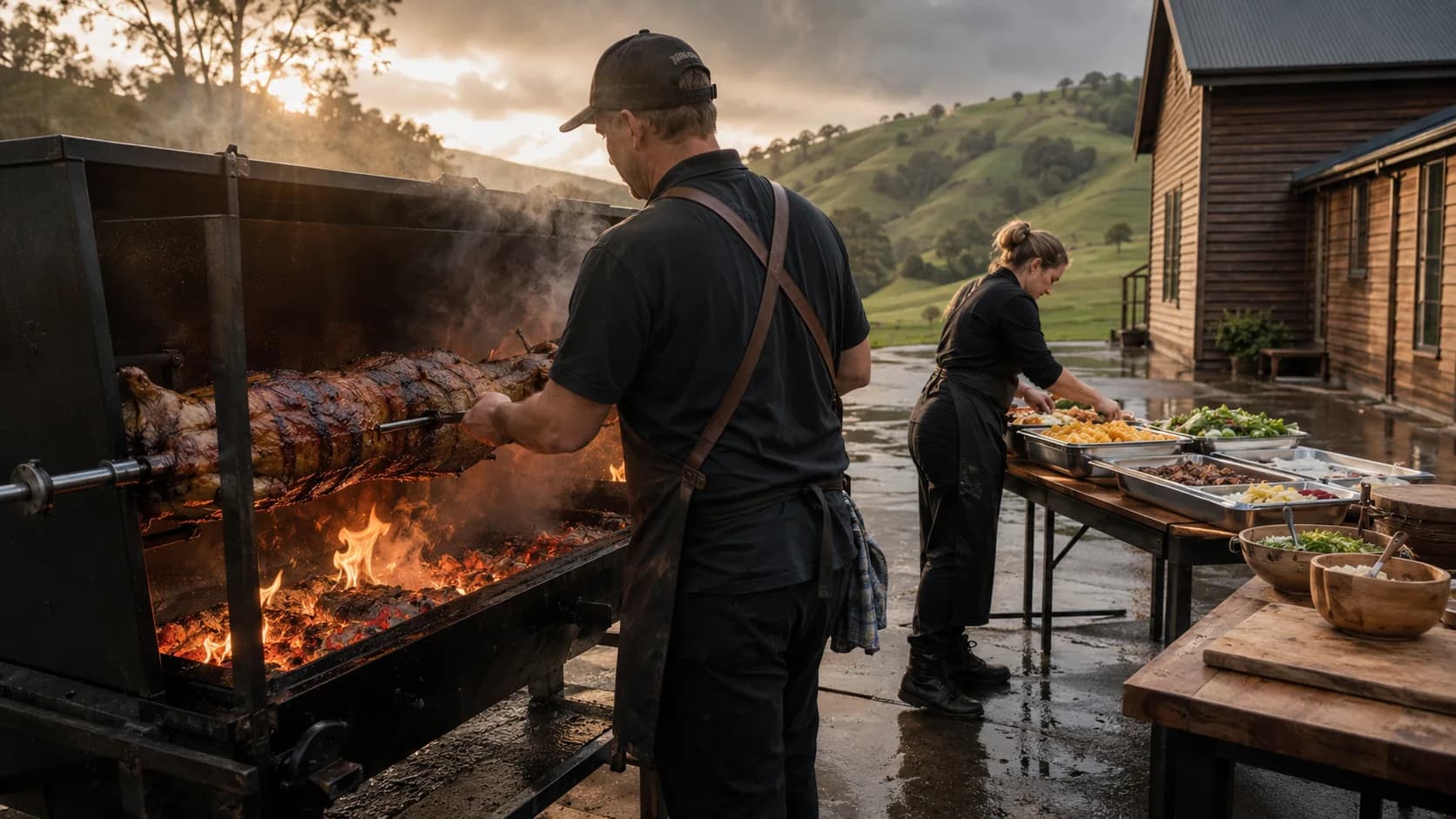 New Zealand barbecue cook checking a roast beside a wet community hall