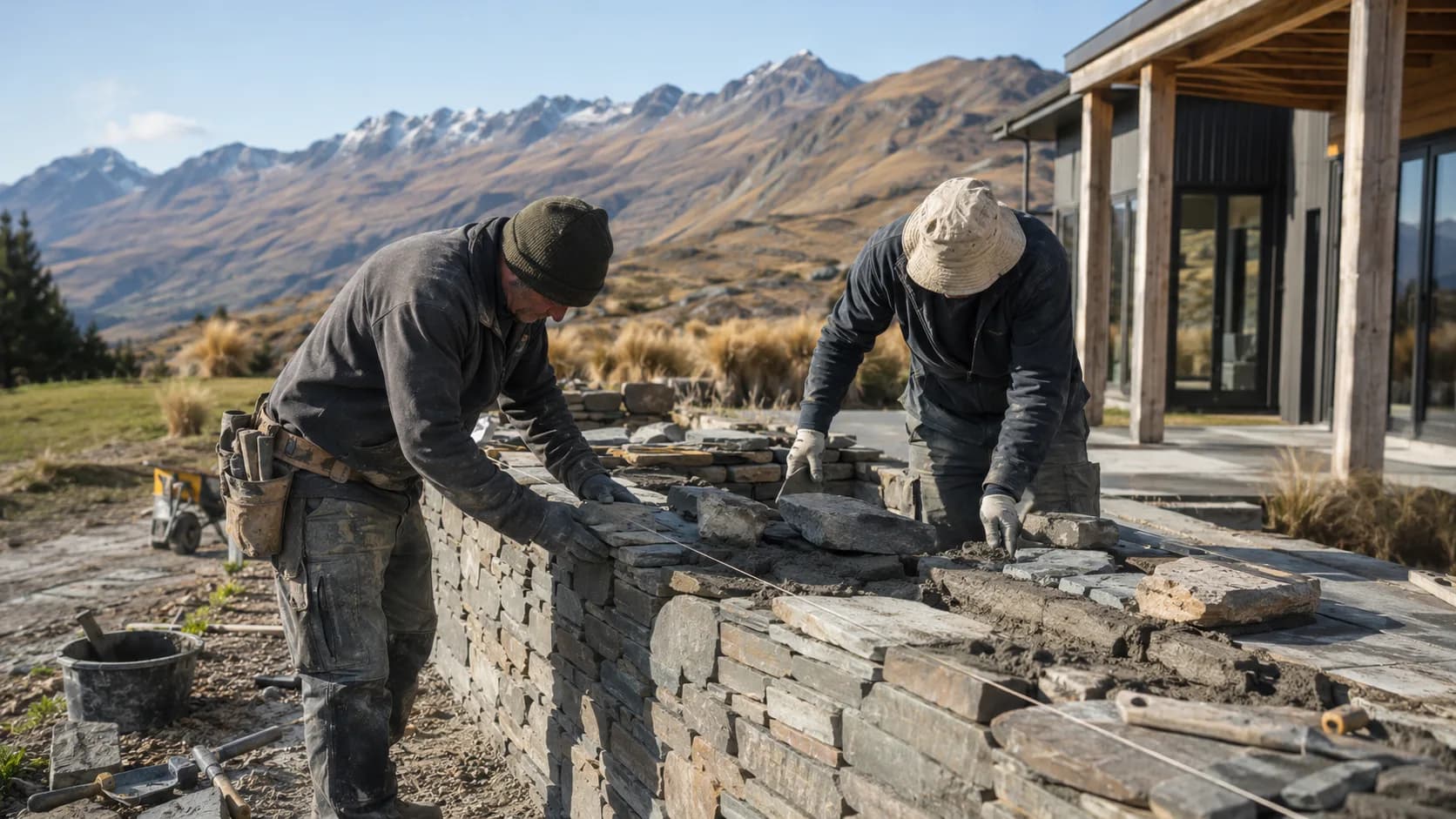 A stonemason dressing a block on site in New Zealand