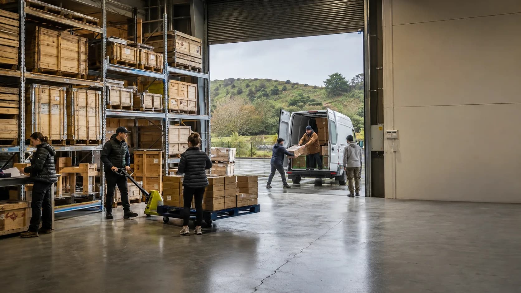 Staff guide a hirer through an active warehouse storage bay