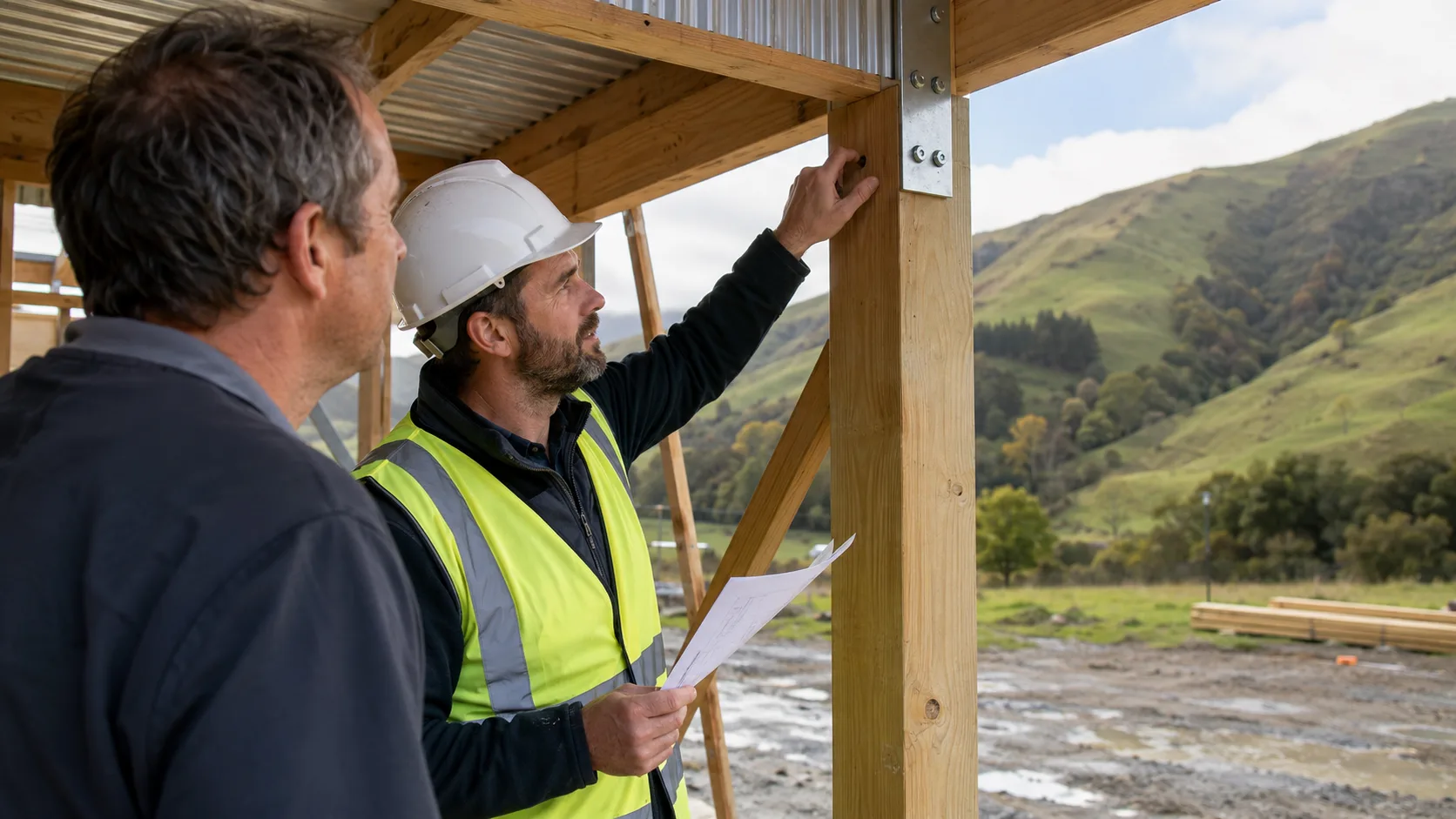 A structural engineer inspects a building connection on site in New Zealand