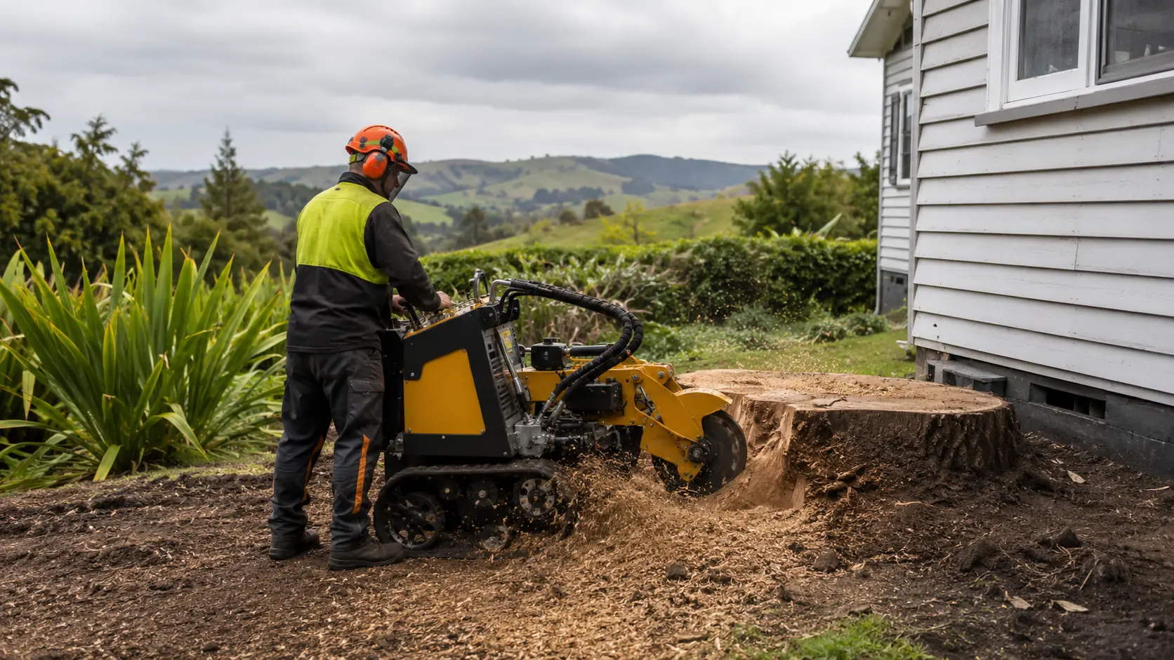 An operator grinds a stump beside a weatherboard New Zealand house