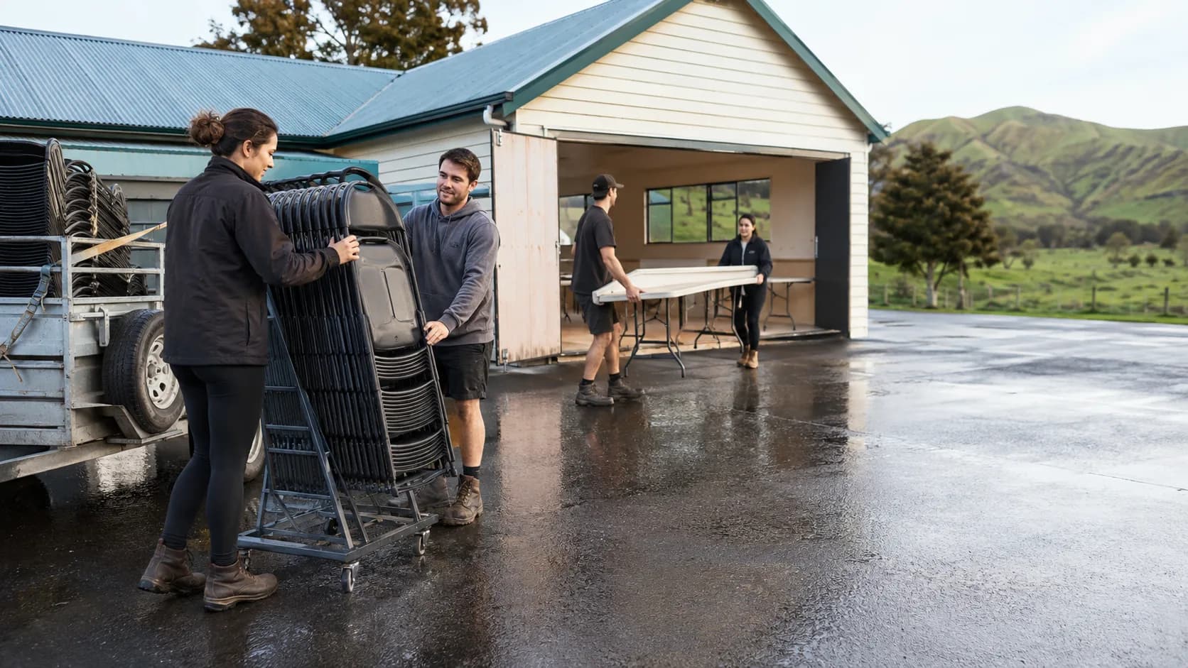 Team counting chairs and tables outside a New Zealand hall