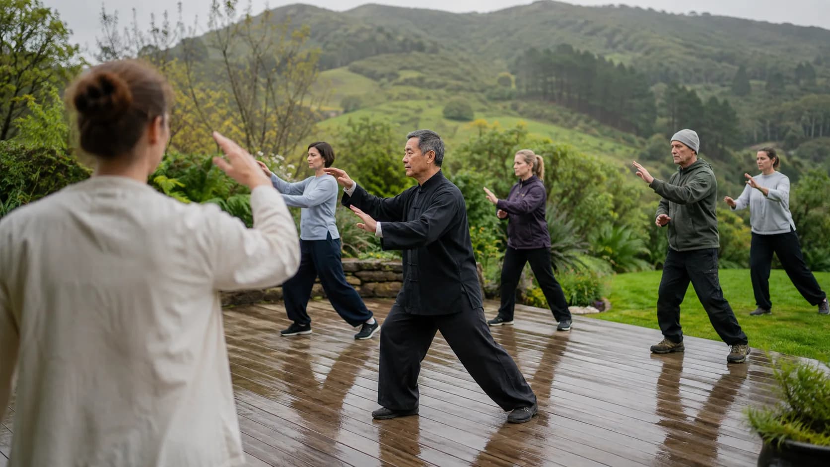Adults practise tai chi in a New Zealand community garden