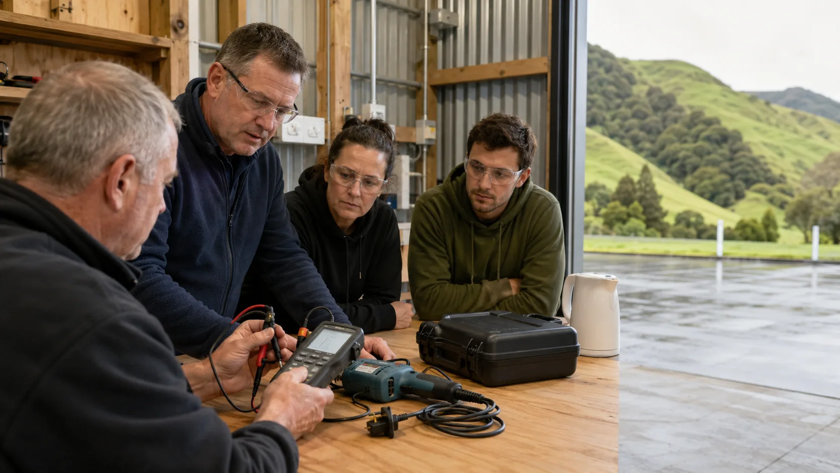 Learner tests an unplugged power tool at an electrical training bench in New Zealand