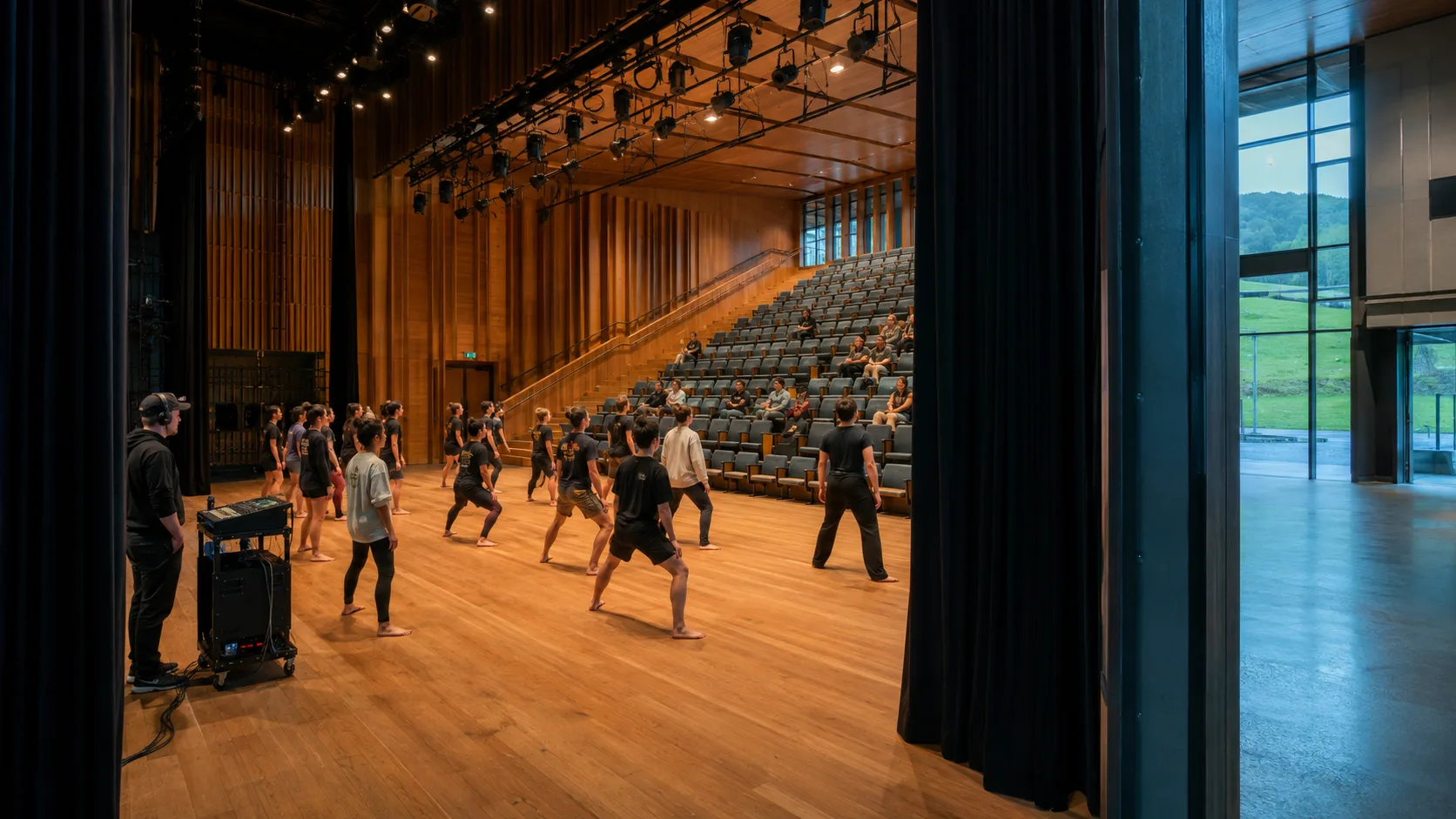 Performers rehearse beneath bright theatre work lights in a timber auditorium
