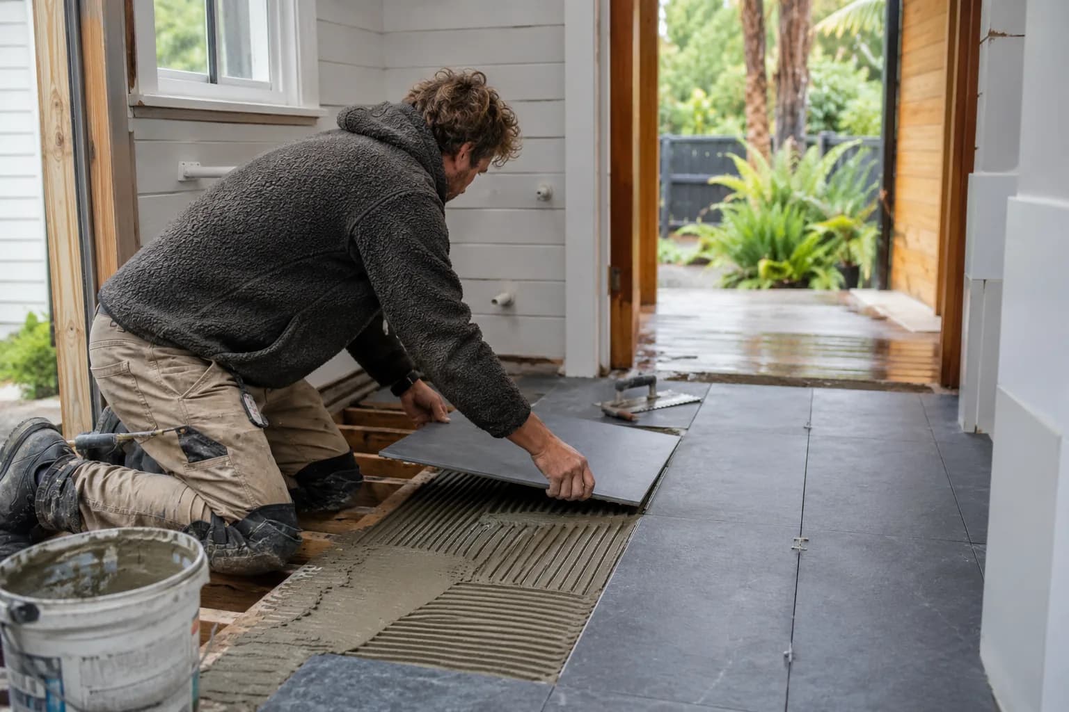 A tiler laying a bathroom floor in New Zealand