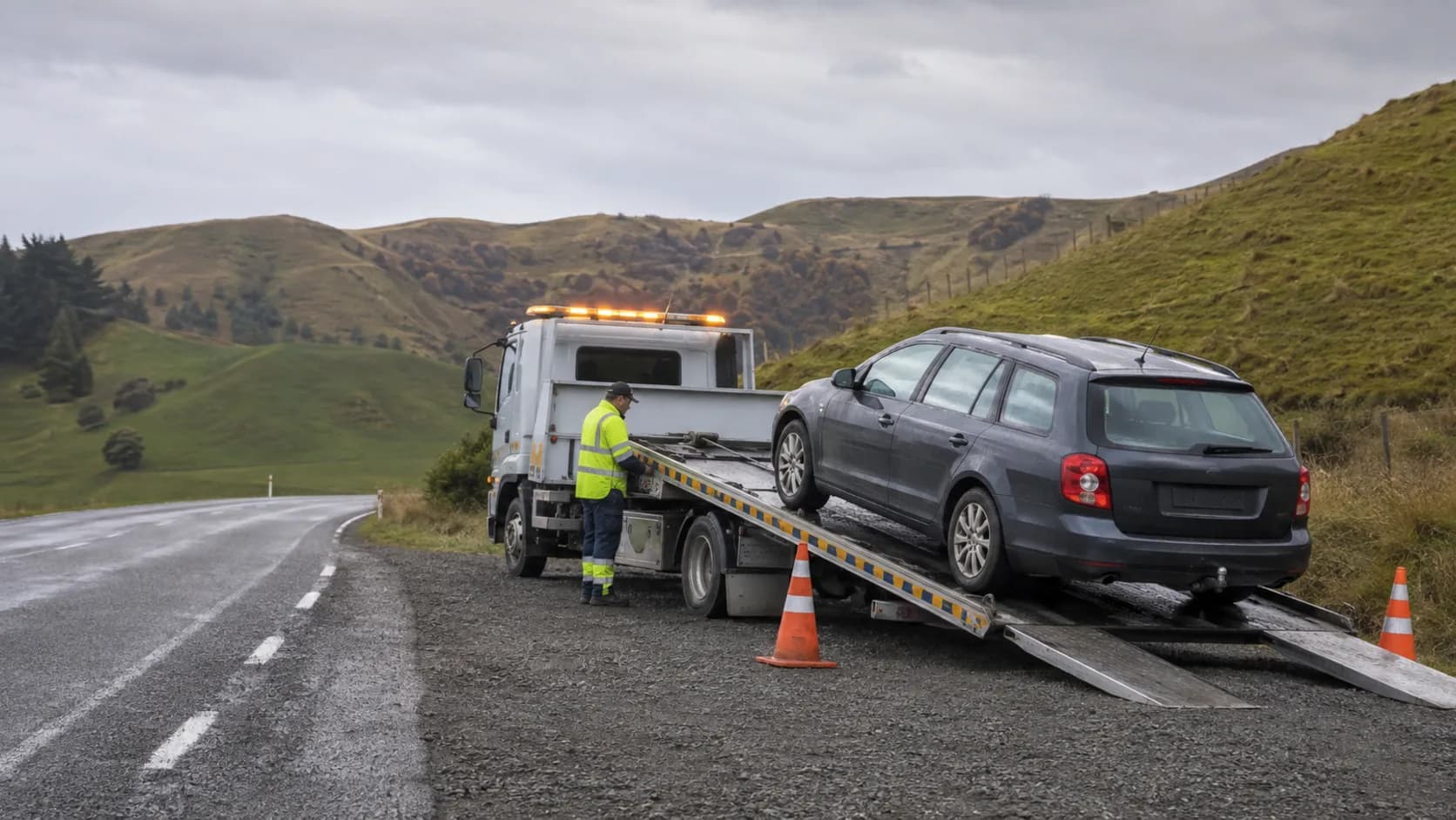 A tilt tray loads a car outside a New Zealand panel shop on a clear morning