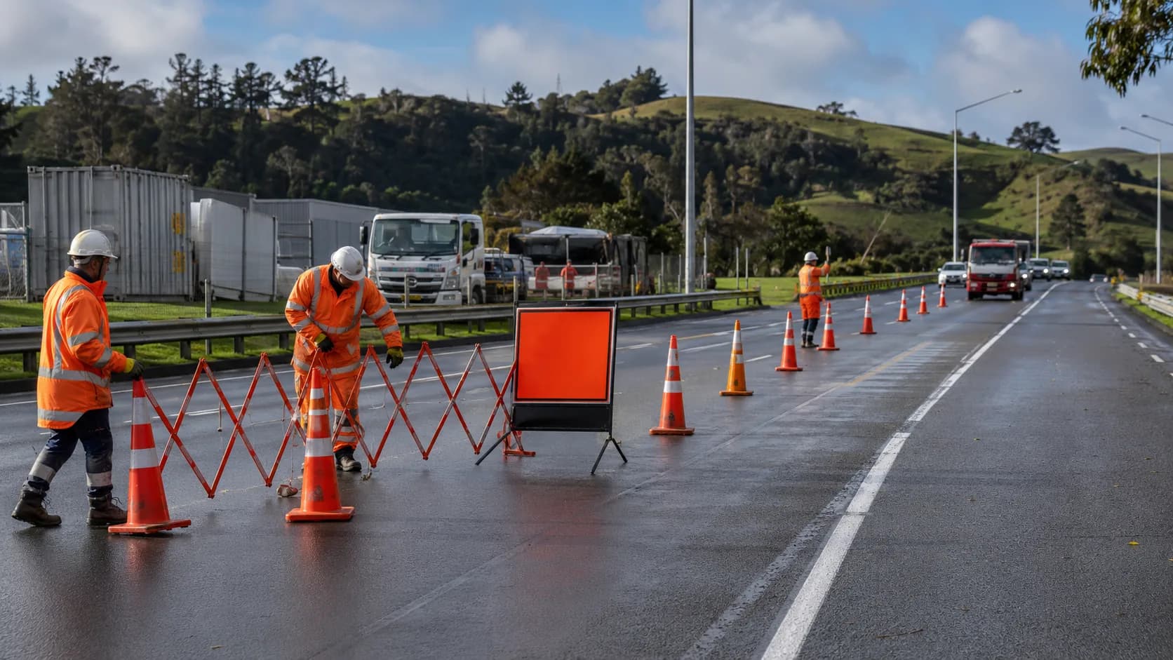 A traffic control crew working a lane closure in New Zealand
