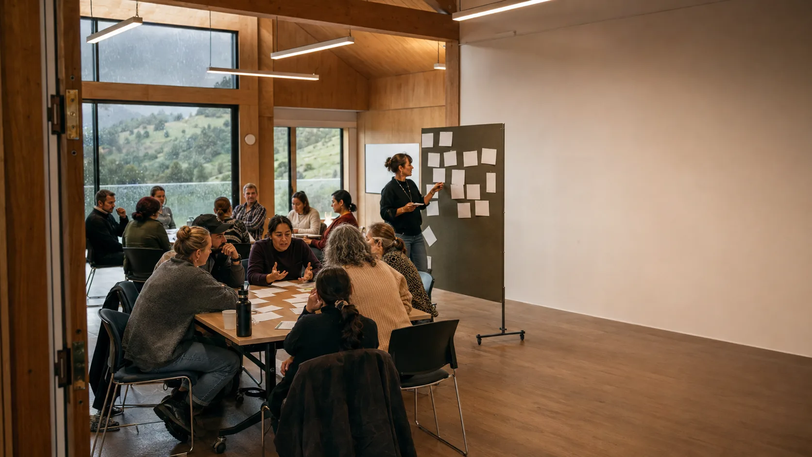 A facilitator leads an occupied training session around flexible tables