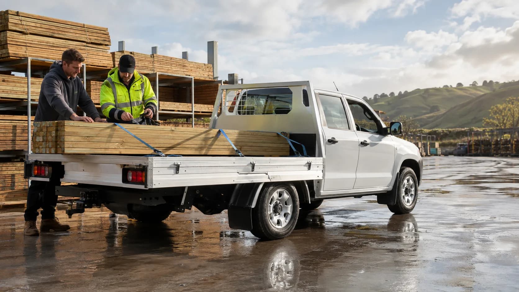 Crew securing timber on a hired ute in New Zealand