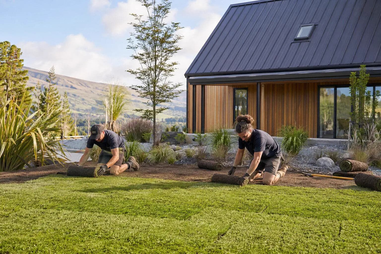 A crew rolling out new lawn over prepared ground in New Zealand