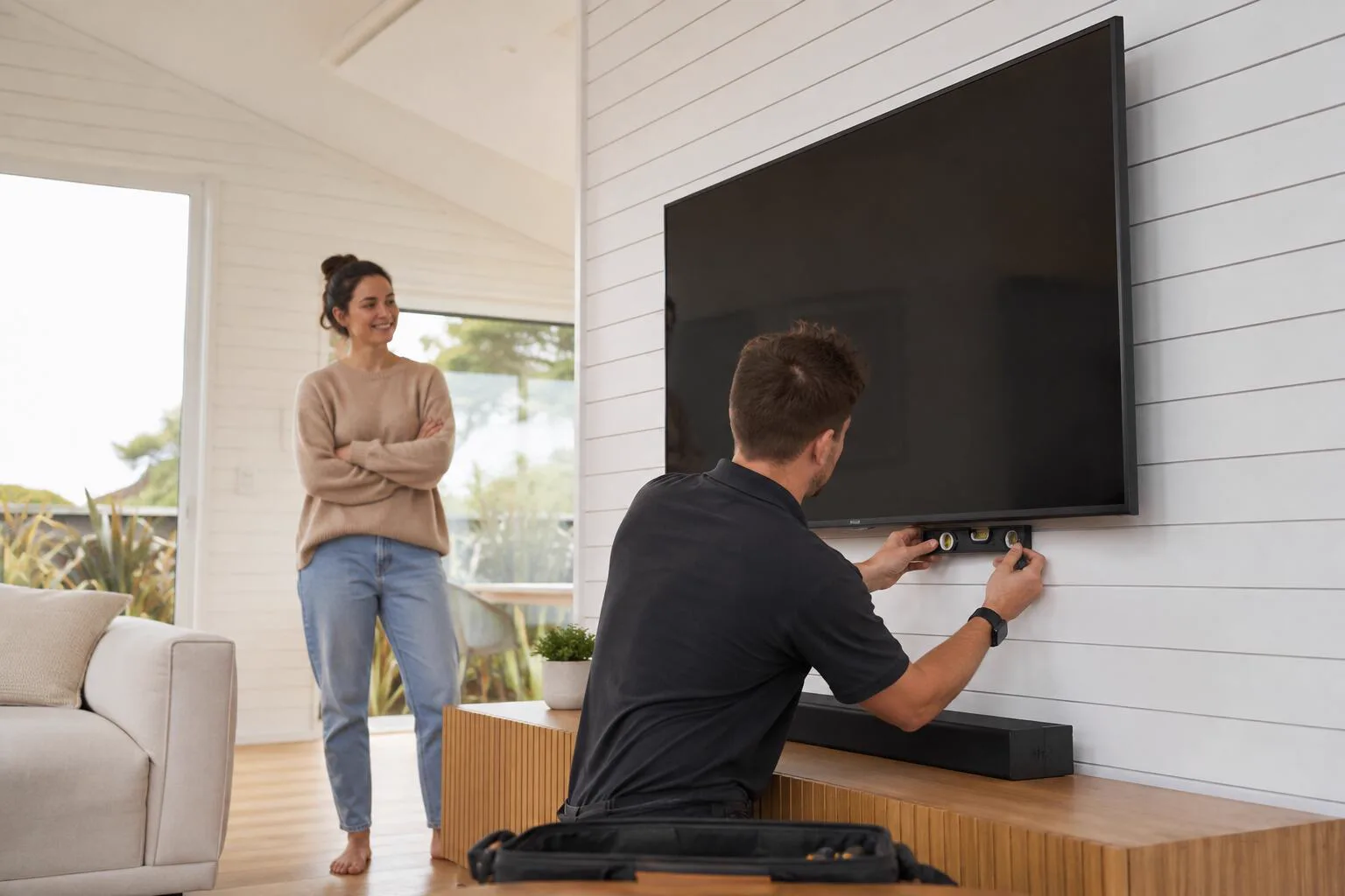 An installer mounting a flat screen on a wall in New Zealand