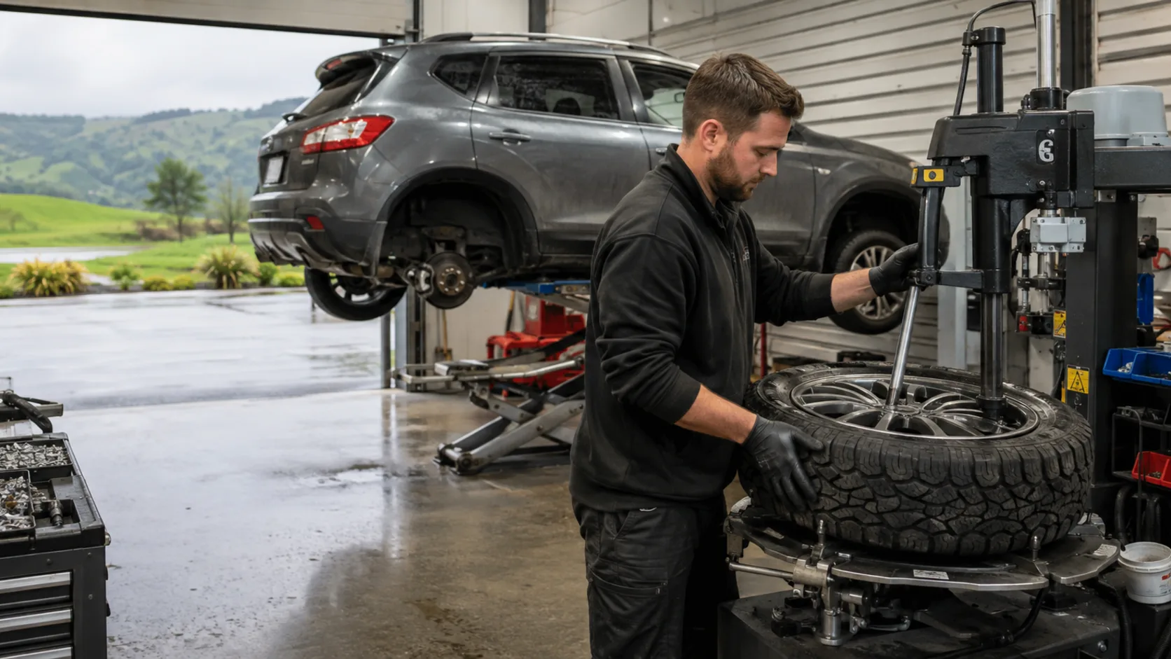 A wheel going back on in a fitting bay in New Zealand