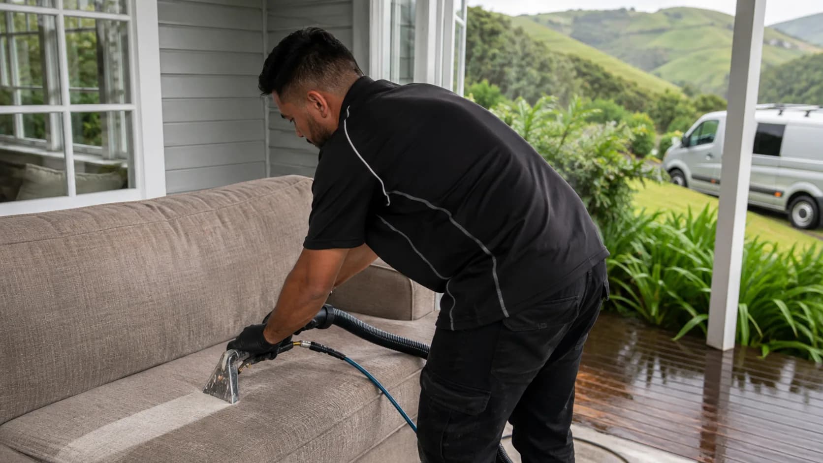 A technician steam-cleaning a fabric sofa in New Zealand
