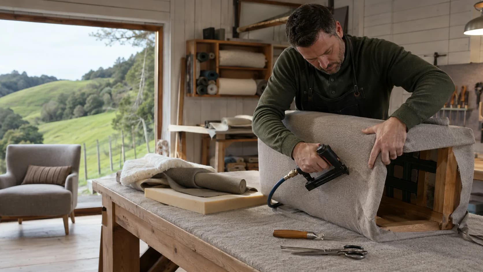 An upholsterer re-covering a chair in a workshop in New Zealand