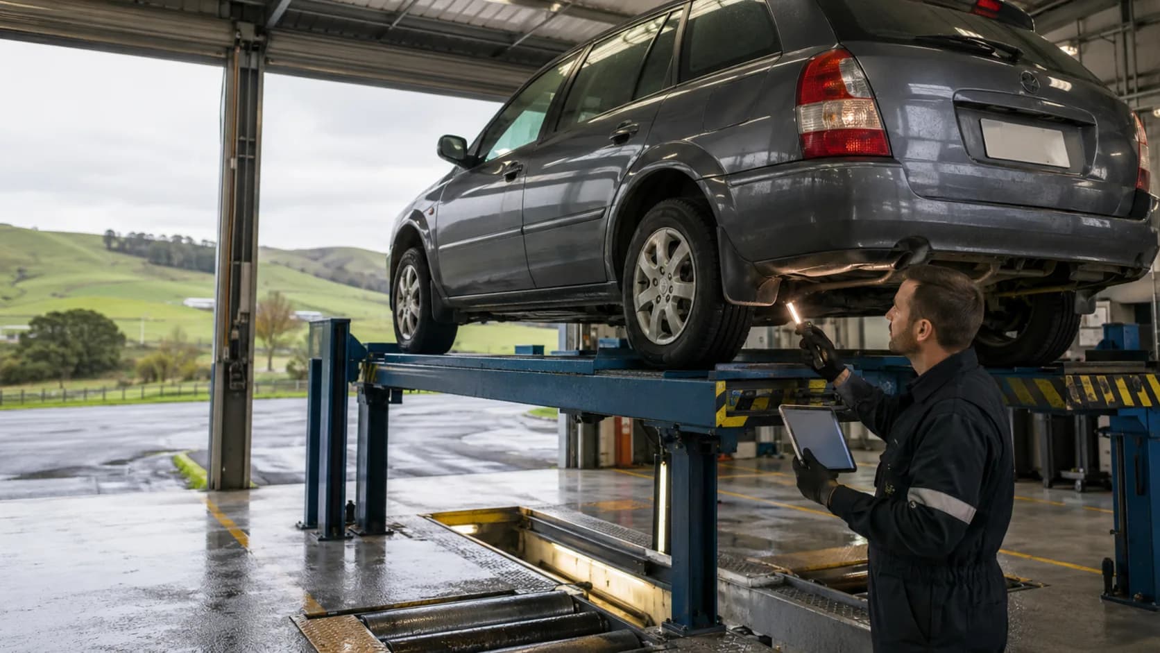An inspector under a raised car on a hoist, green hills beyond the open workshop bay