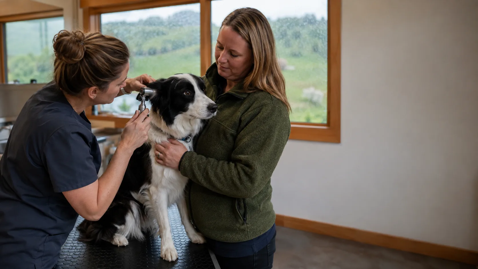 A vet checks a collie's ear with the owner holding it in a New Zealand clinic