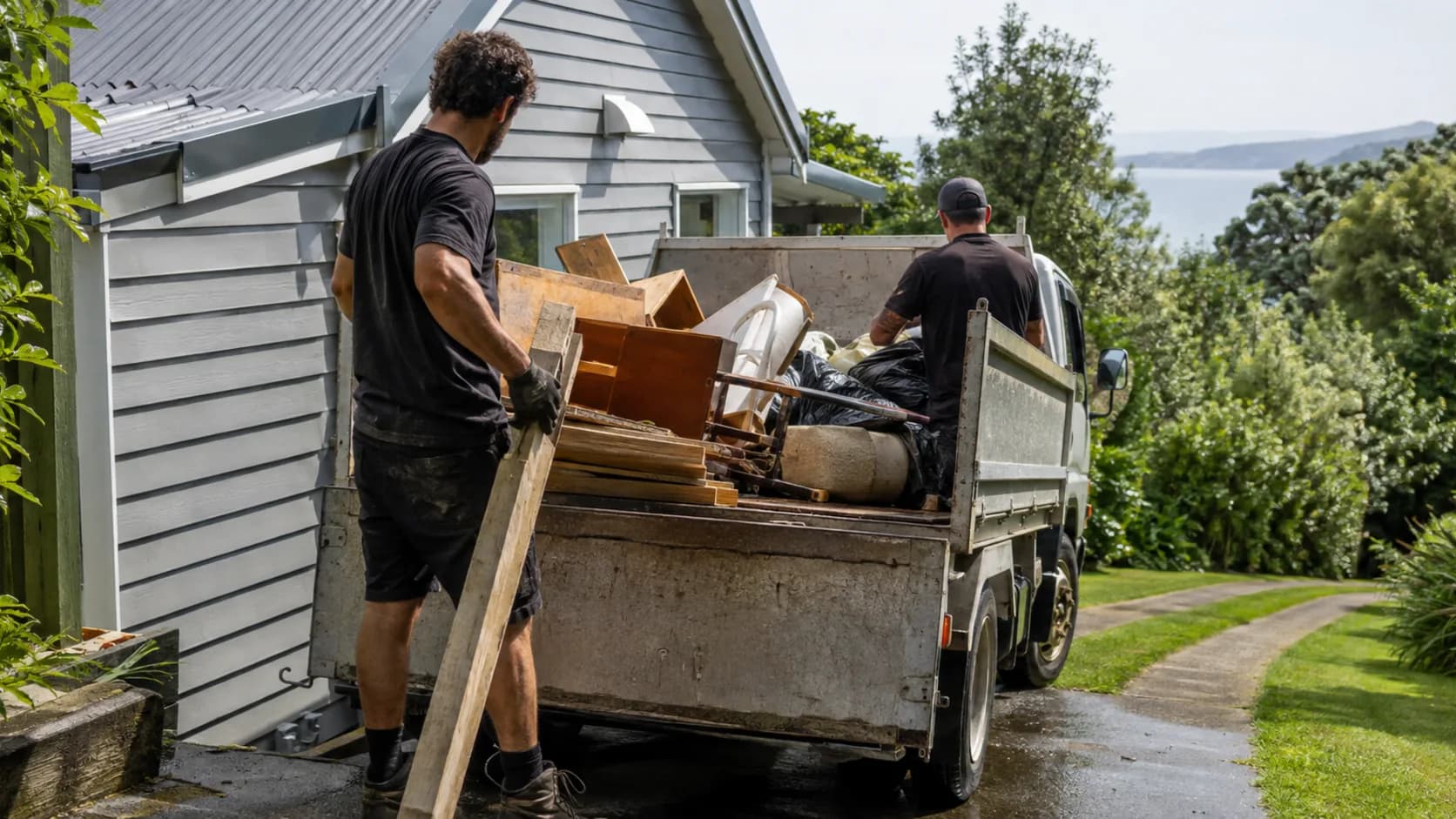 A crew loading a house clearance into a tipper truck in New Zealand