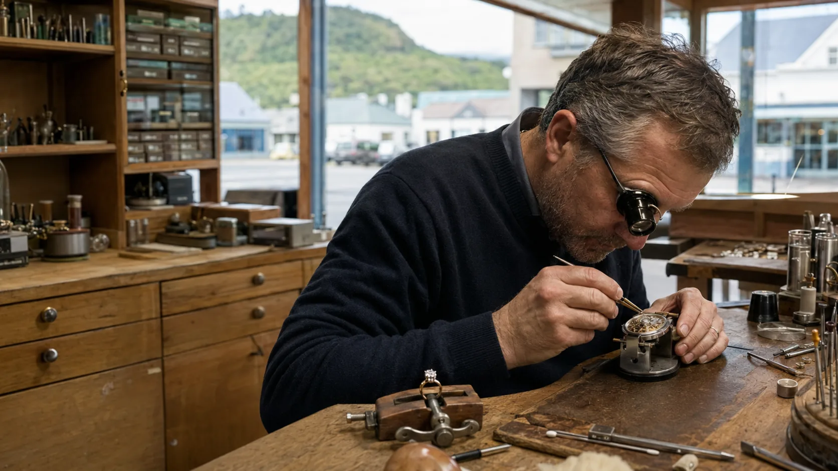 A repairer working on a watch movement at a jeweller's bench in New Zealand