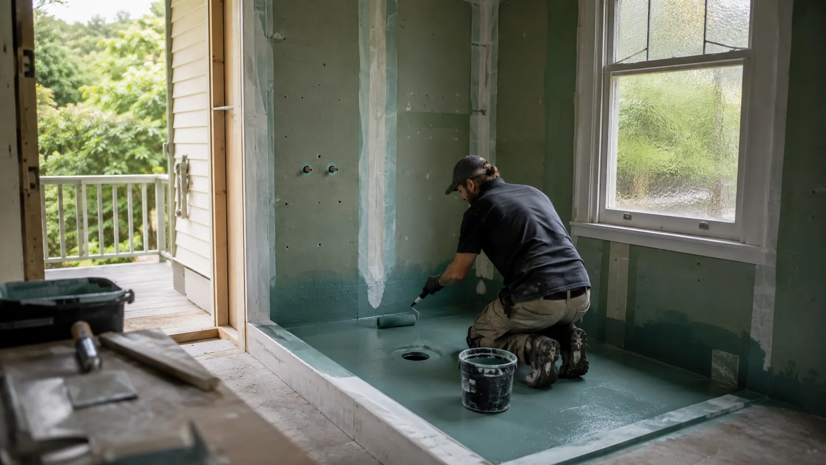 A waterproofer rolling membrane onto a bathroom floor in New Zealand