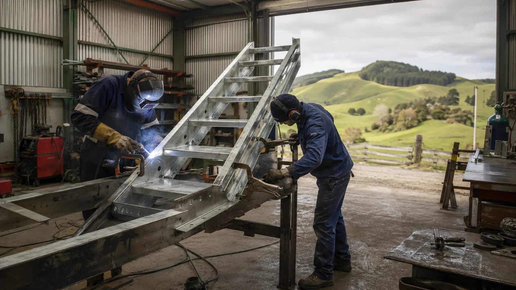 A welder joining steel in a fabrication workshop in New Zealand