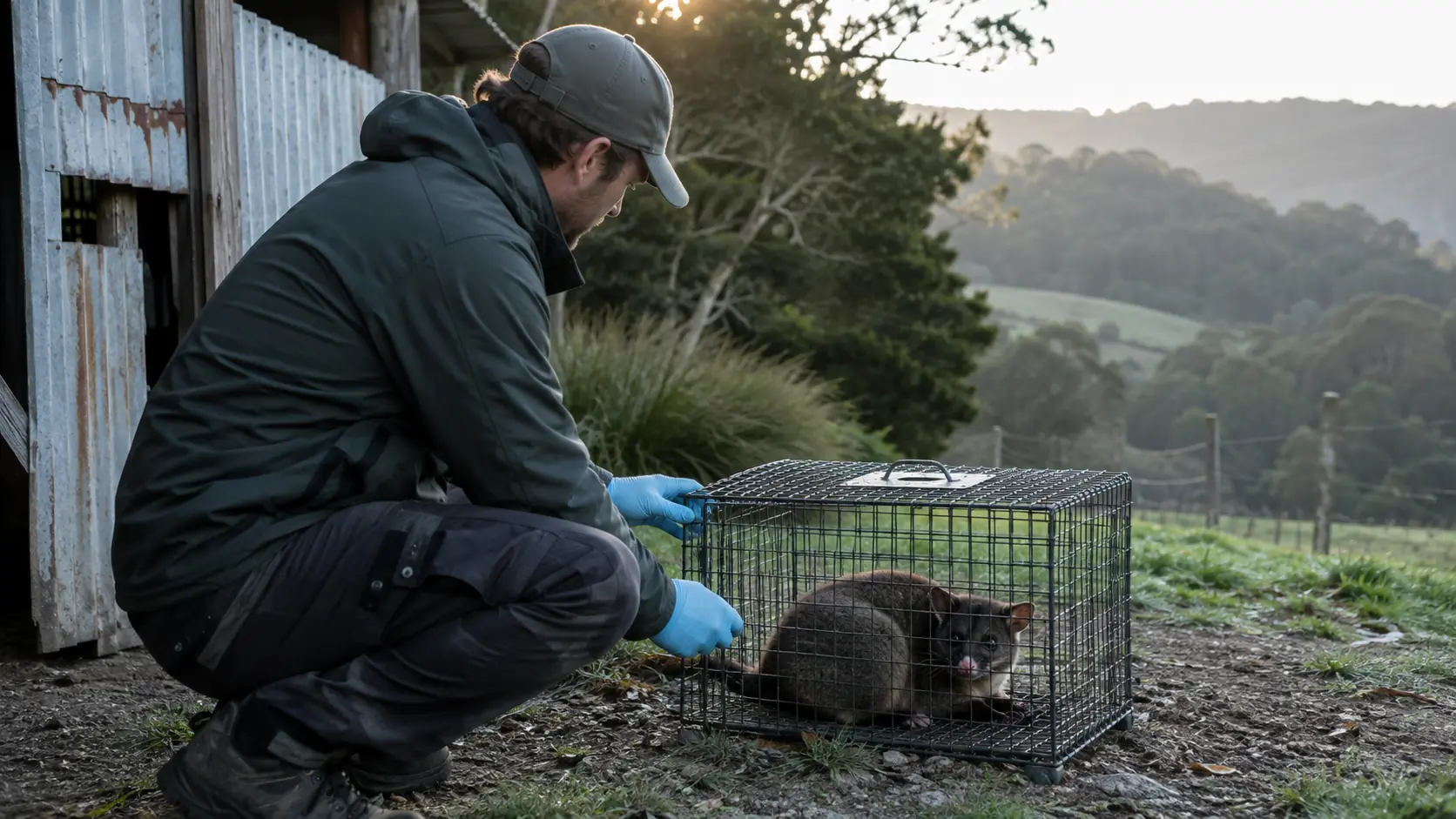 A technician handles a trapped possum beside a shed on a New Zealand property