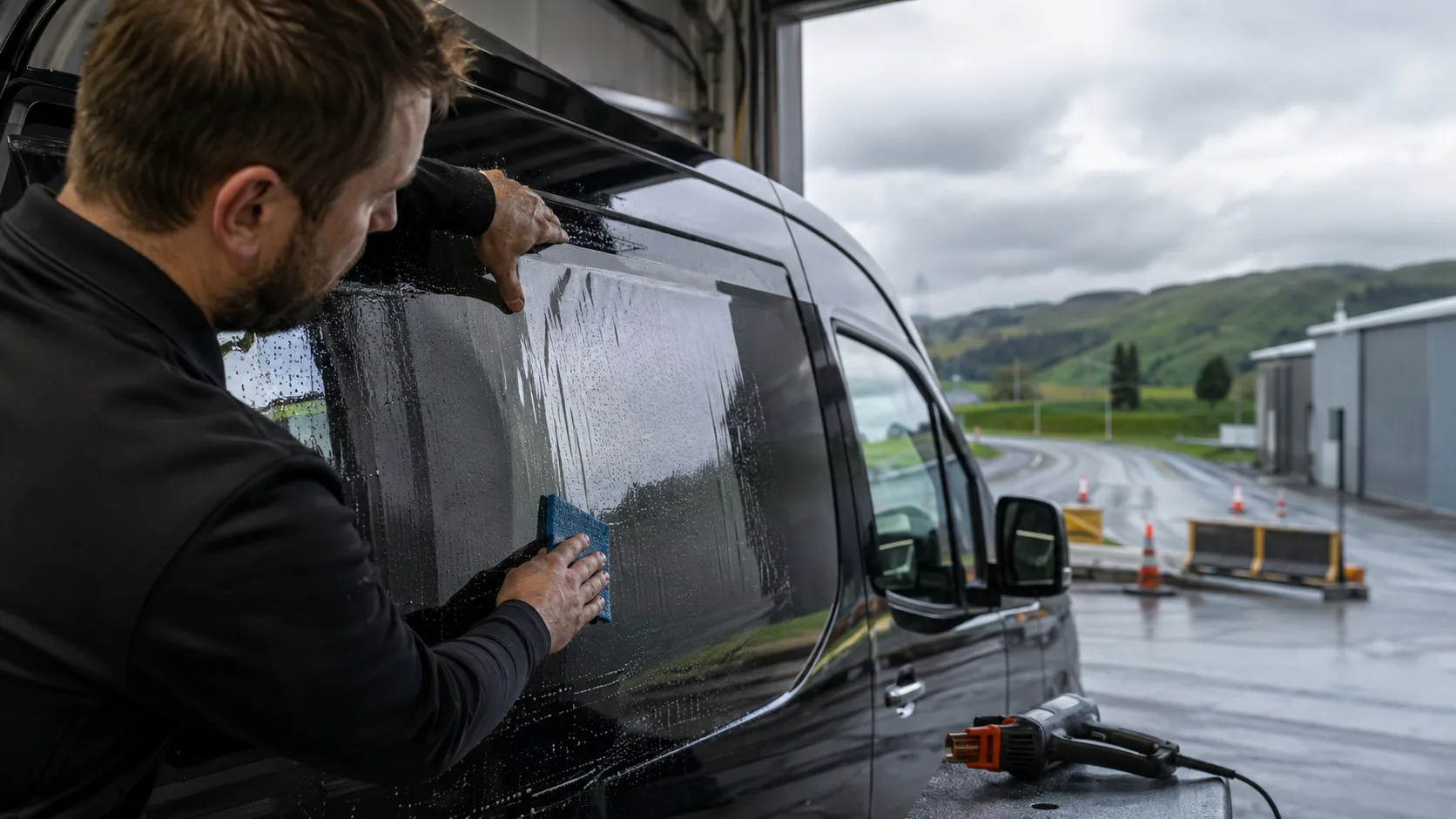 A tinter squeegeeing film onto a window in New Zealand