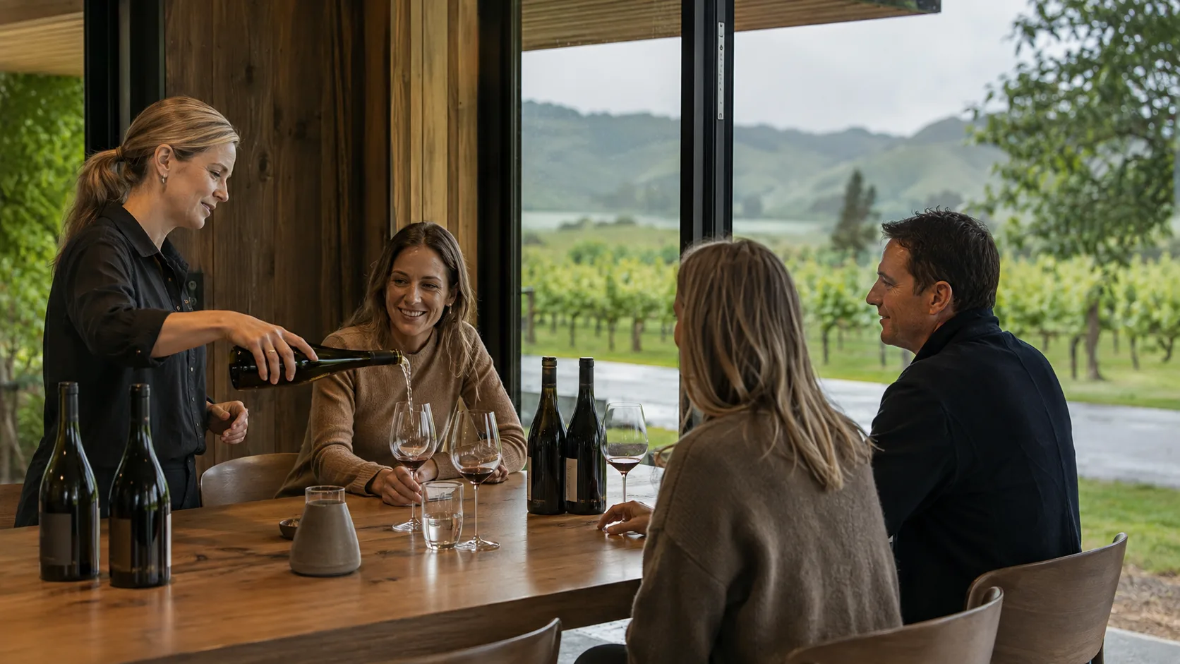 Guests sampling wine at a timber cellar door in New Zealand