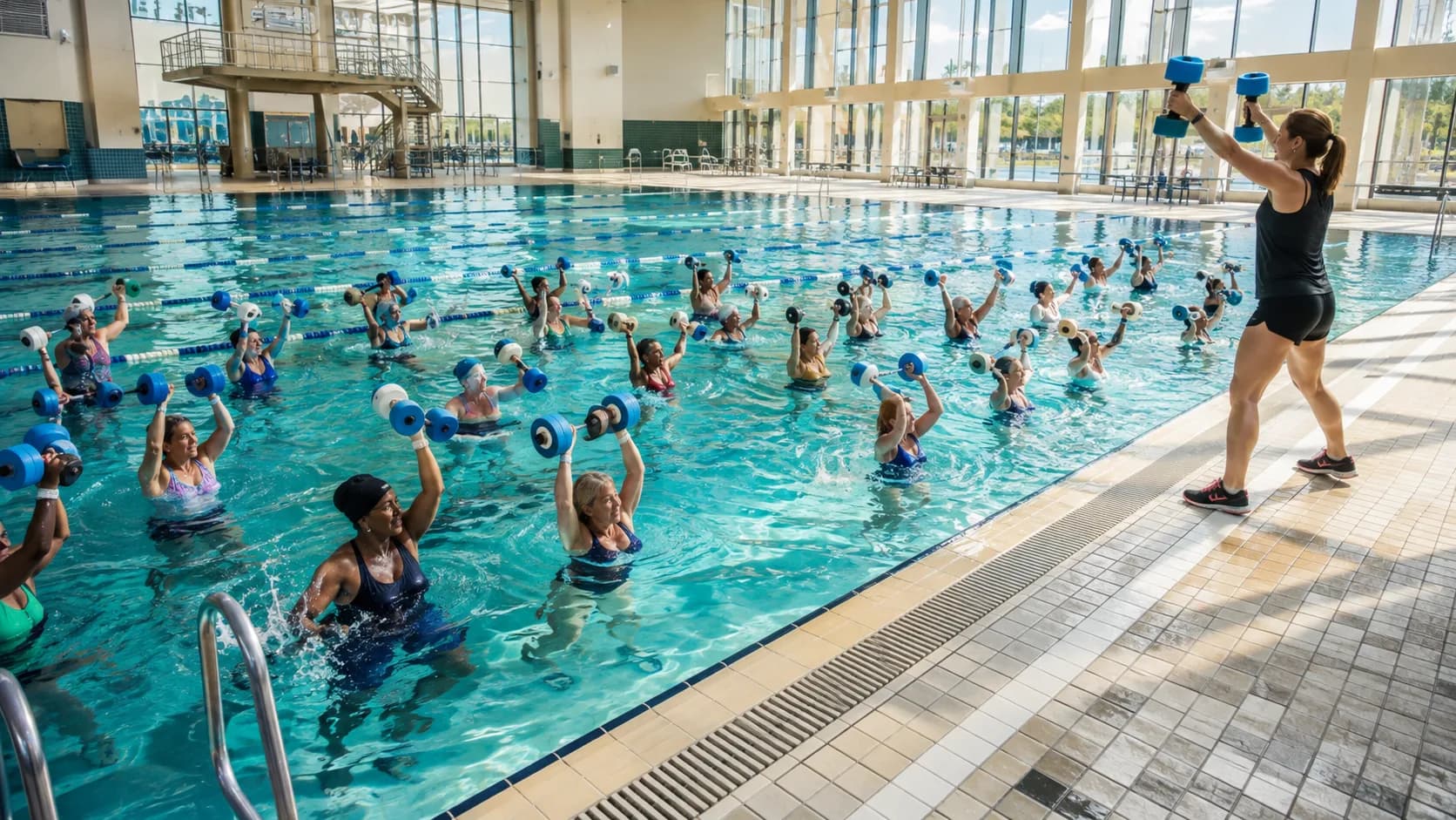 A large water aerobics aqua class exercises in a recreation pool in the US