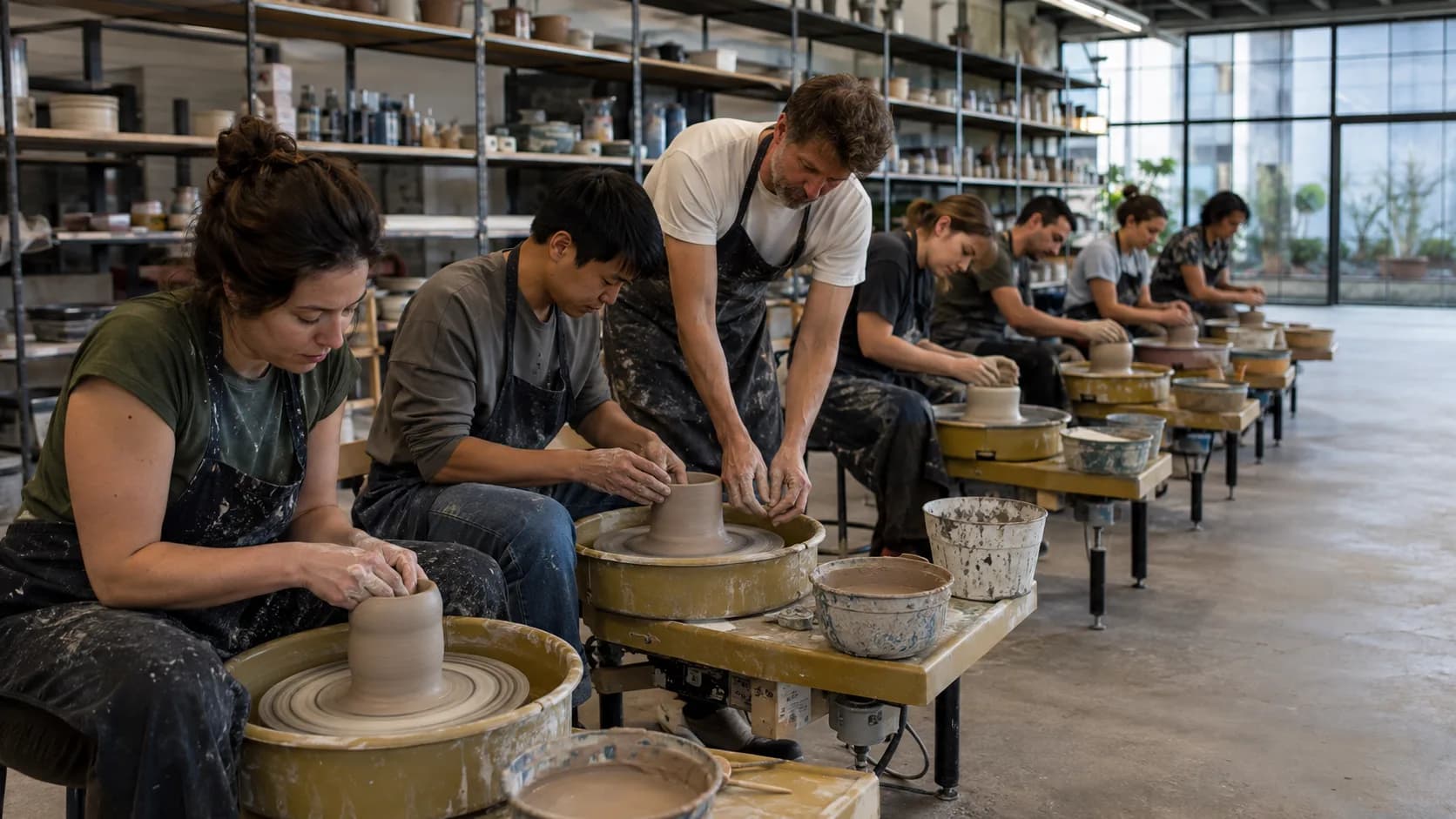 A pottery tutor guides makers during a hands-on studio class in the US