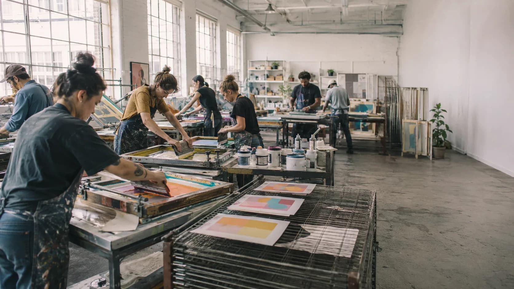 Artists work together around tables in a light-filled working studio