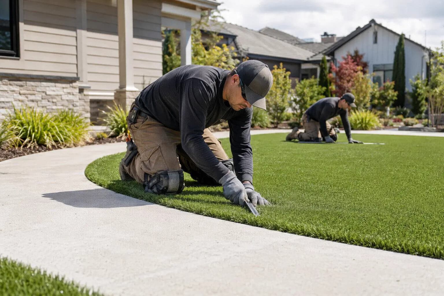 An installer laying a roll of artificial grass over a compacted base in the US
