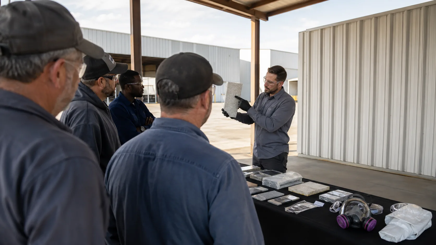 Instructor shows sealed building samples during an asbestos awareness class in the US