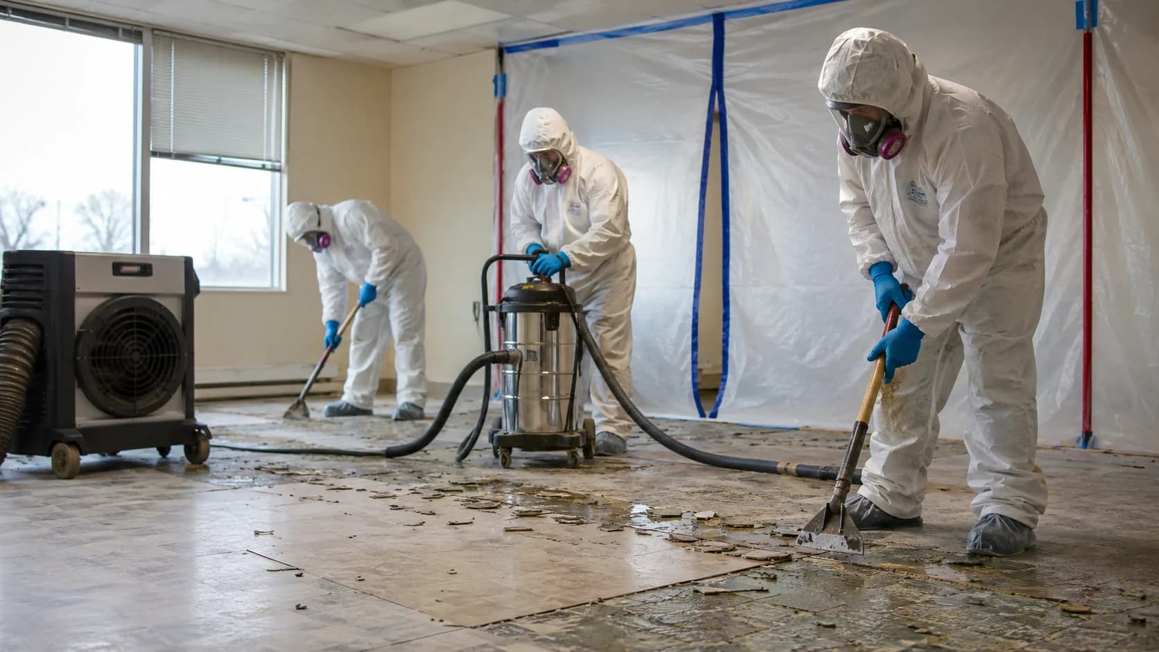 A licensed removal crew sealing an enclosure at a house in the US