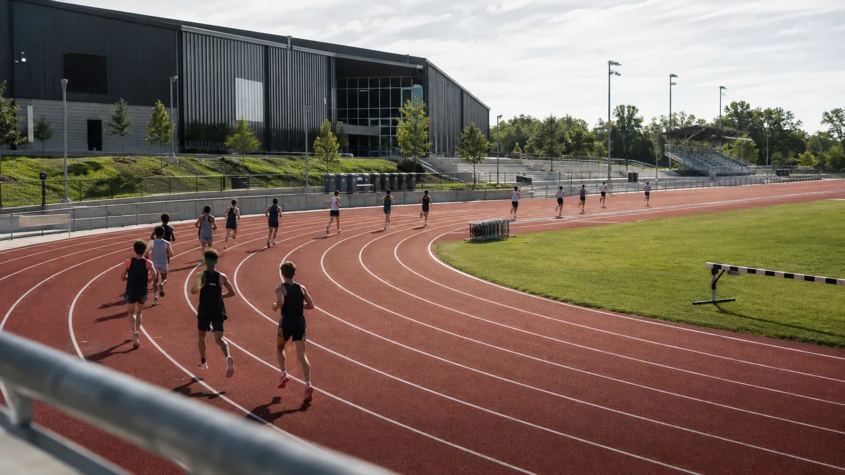 Athletes practise across a busy commercial running track in the US