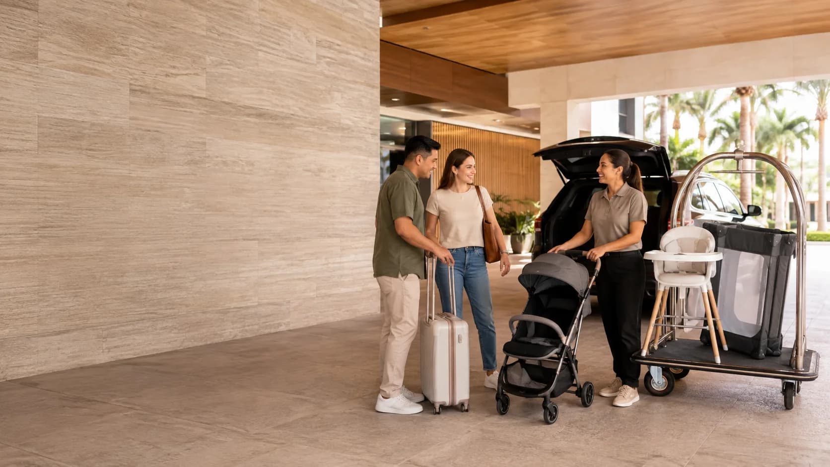 Parents receiving a stroller and travel cot at a hotel in the US