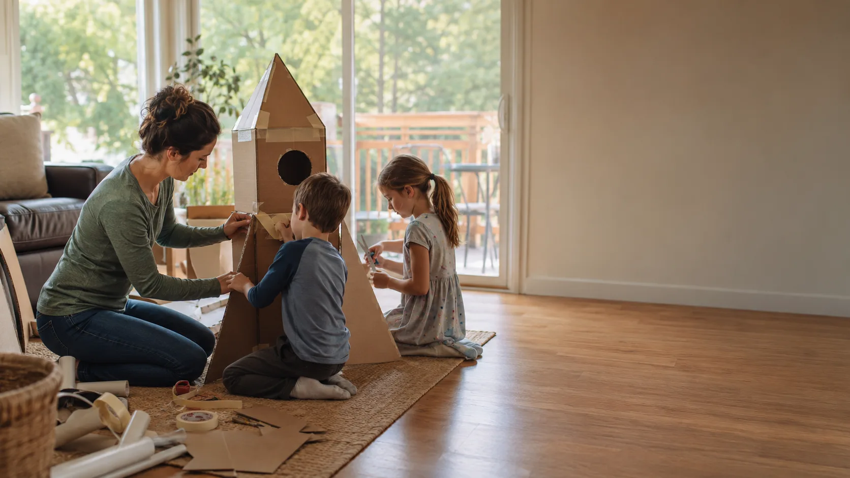 A sitter builds a cardboard rocket with two children in an American living room