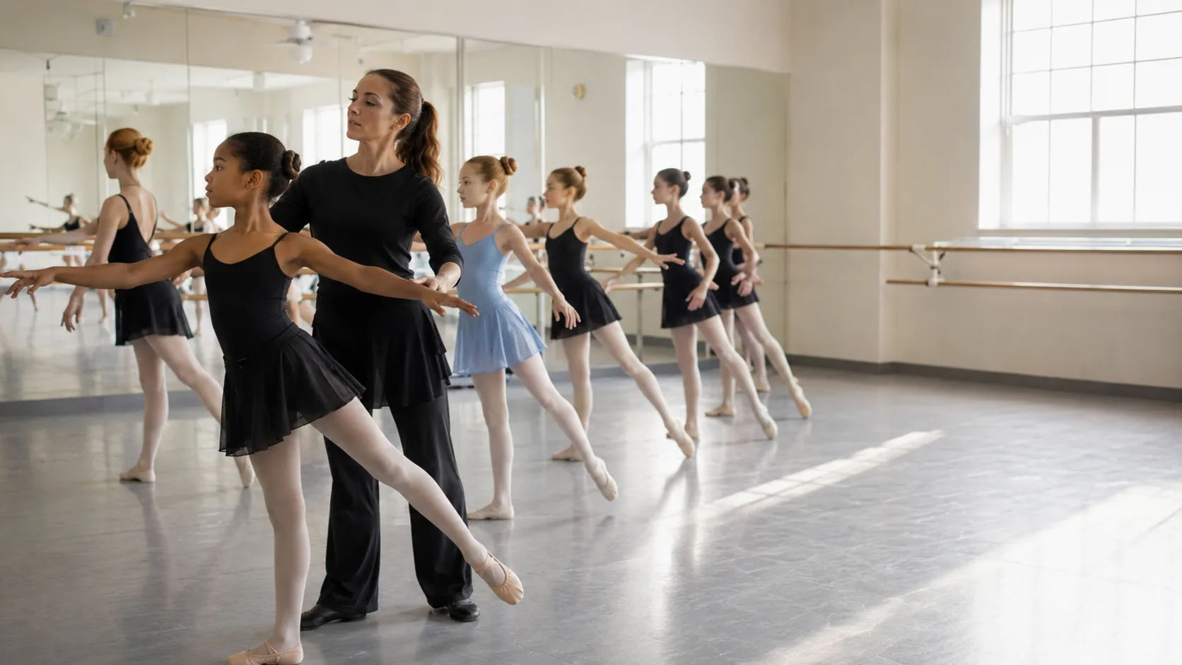 Ballet instructor leading a busy youth class in a studio in the US