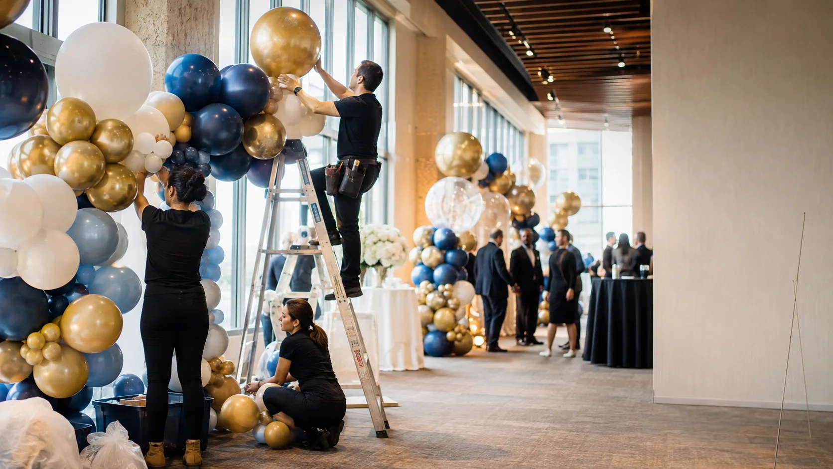 Balloon stylist installing colourful event decor for a booked celebration in the US