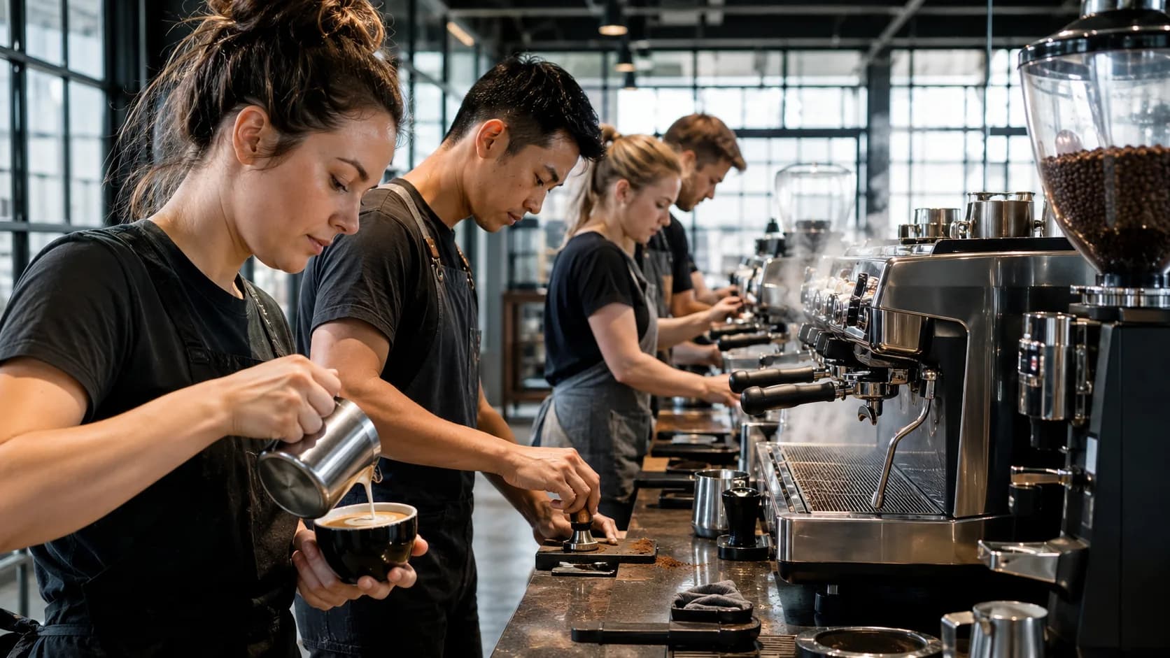 A coffee trainer coaches learners at commercial espresso machines during class in the US