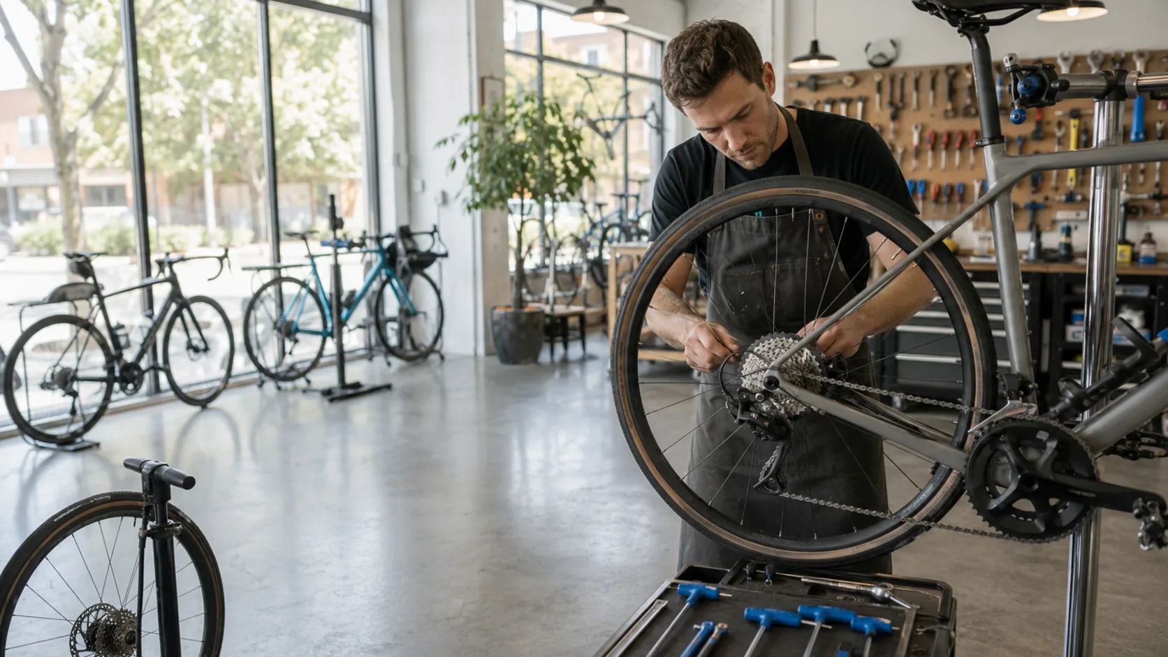 A mechanic working on a bike in a repair stand in a workshop in the US
