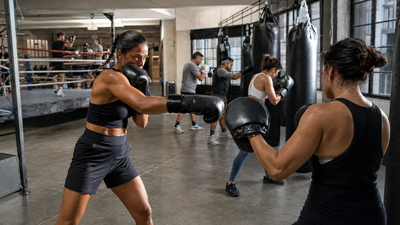 A boxing coach works the pads during an active gym class in the US