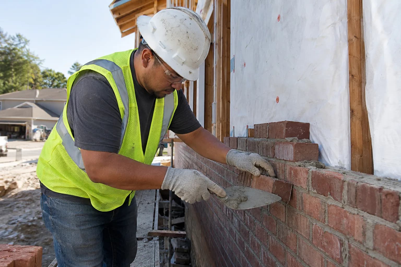A bricklayer laying a course on a wall in the US