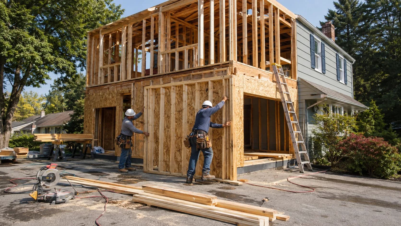 A builder framing a house extension in the US