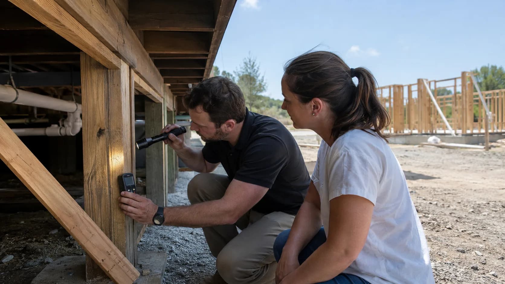 An inspector checks a timber junction during a home visit in the US