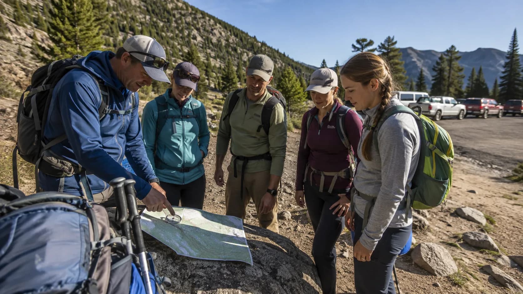 For navigation courses, hikers learn route planning at a mountain trailhead in the US